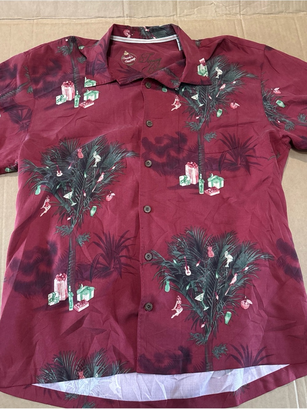 Tommy Bahama Christmas Hawaiian Shirt Large Red Silk Wool Seasons Greetings